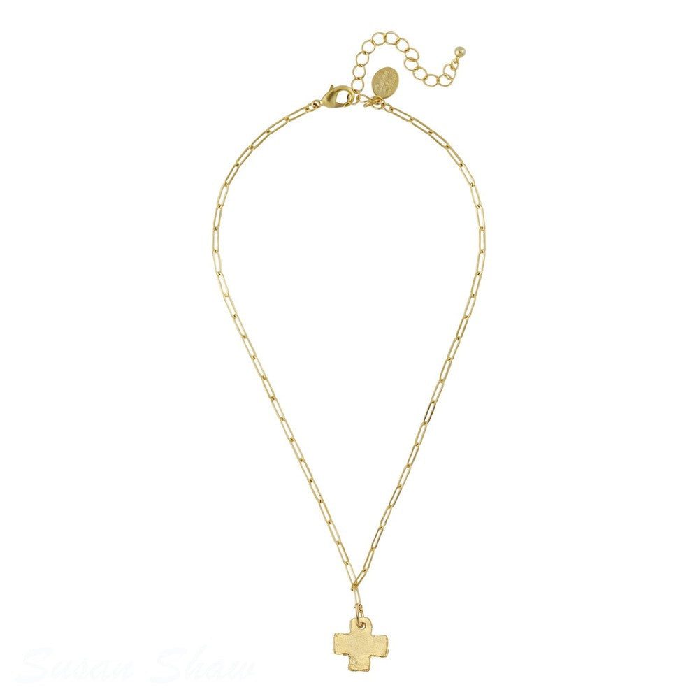 Hammered Cross Pendant on Paper Clip Chain-Susan Shaw-Swag Designer Jewelry