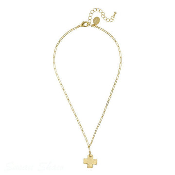 Gold hammered cross pendant necklace on a paperclip chain.
