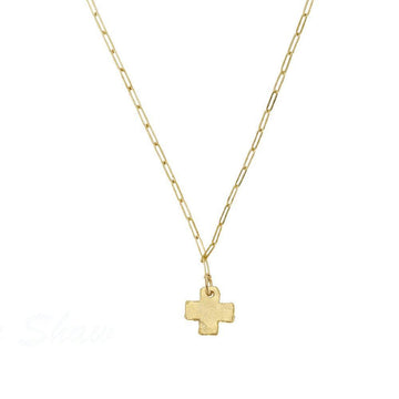 Gold hammered cross pendant necklace with paperclip chain
