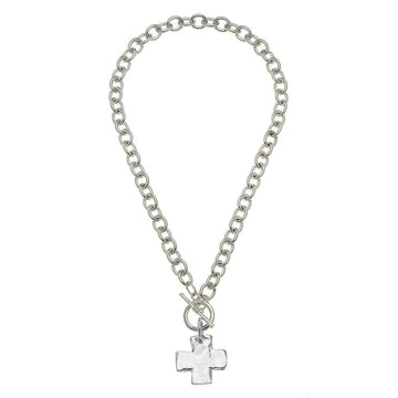 Silver cross pendant necklace with chunky chain and toggle clasp.

