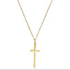 Handcast elongated gold cross necklace with beaded chain.
