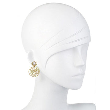 Gold filigree earrings with genuine coin pearl accents, displayed on a mannequin.
