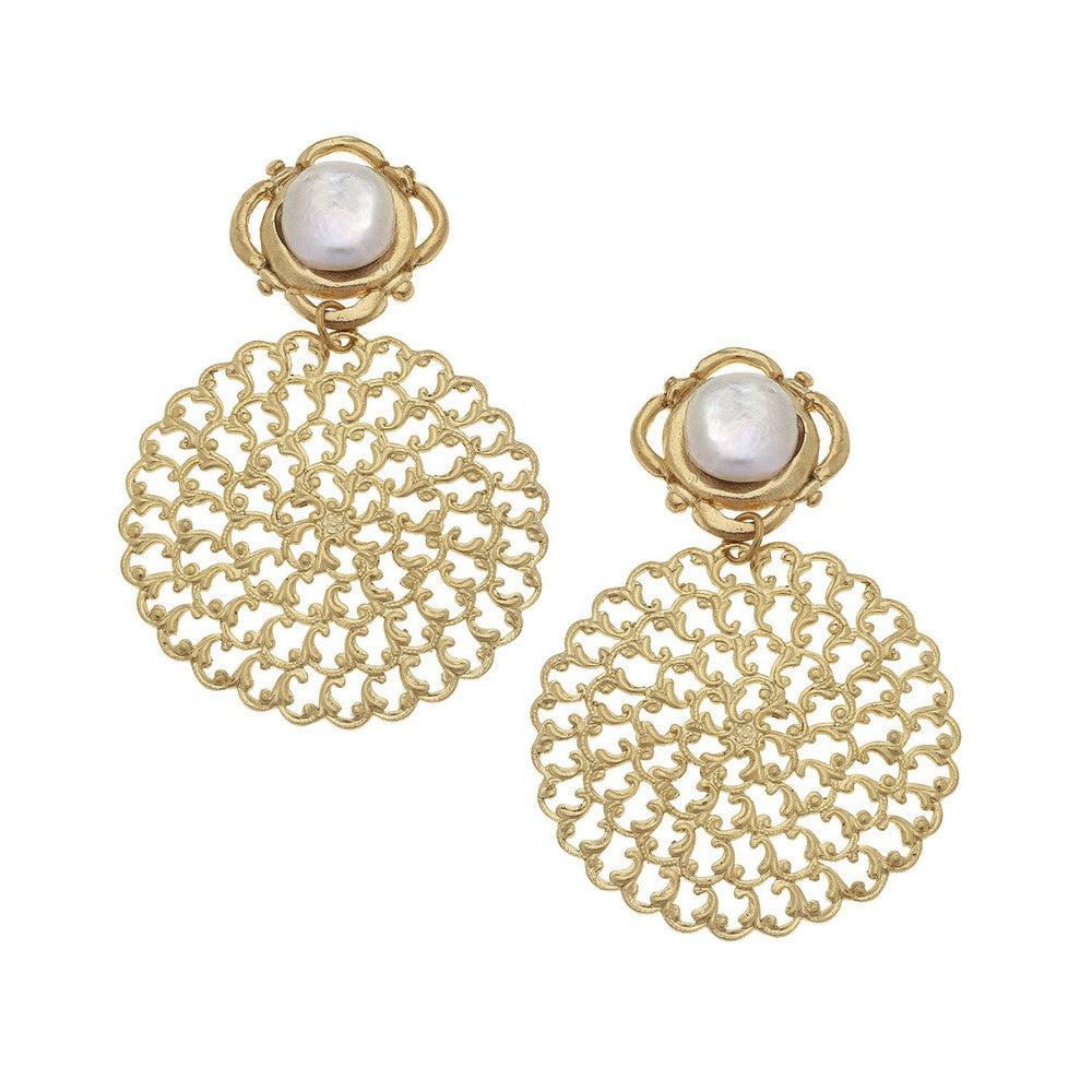 Handcast Gold Filigree & Genuine Coin Pearl Earrings.-Susan Shaw-Swag Designer Jewelry