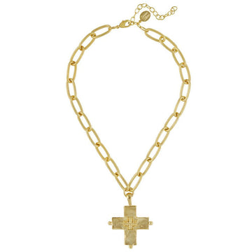 Gold Jerusalem cross pendant necklace, featuring a textured cross charm and a bold chain.
