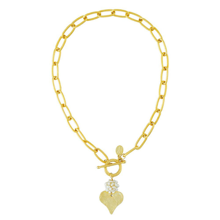 Gold Heart on Link Chain necklace with pearl accent
