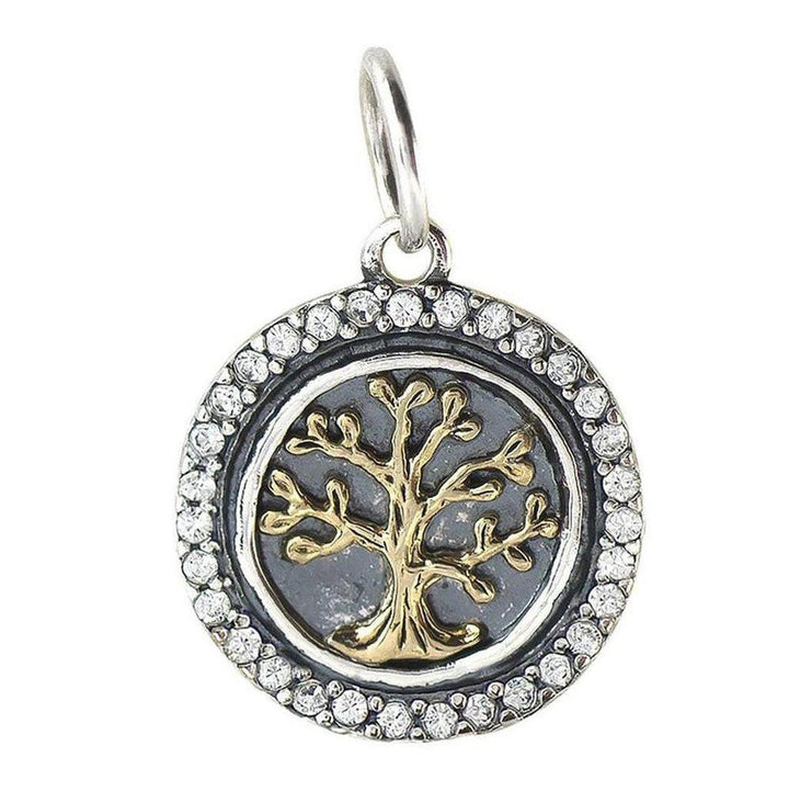 Hearts Content Tree of Life pendant:  round, silver & gold, features a detailed tree design, accented with sparkling crystals.
