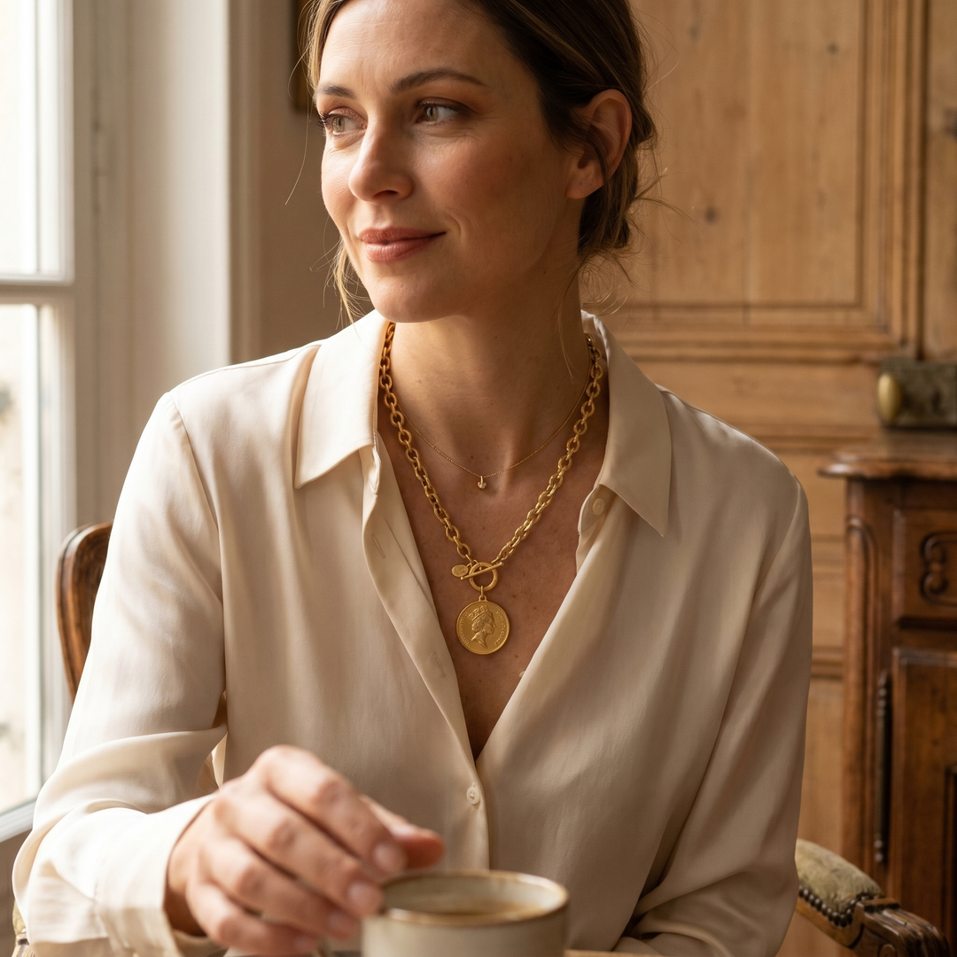 Queen Elizabeth Coin on Gold Chain Necklace
