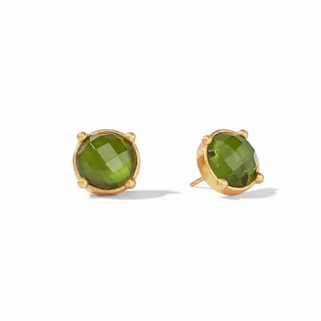 Olive green gemstone stud earrings with gold settings.
