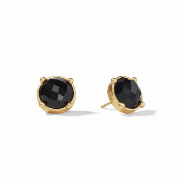Black onyx stud earrings with gold settings;  faceted gemstones.
