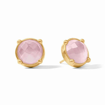 Pink rose quartz stud earrings with gold settings.
