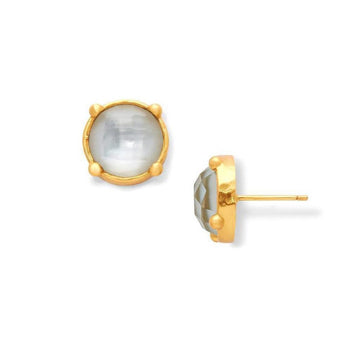 Gold stud earrings featuring a pale gray gemstone.
