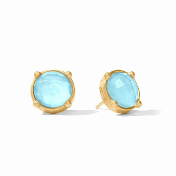 Light blue chalcedony Honey Stud earrings with gold settings.
