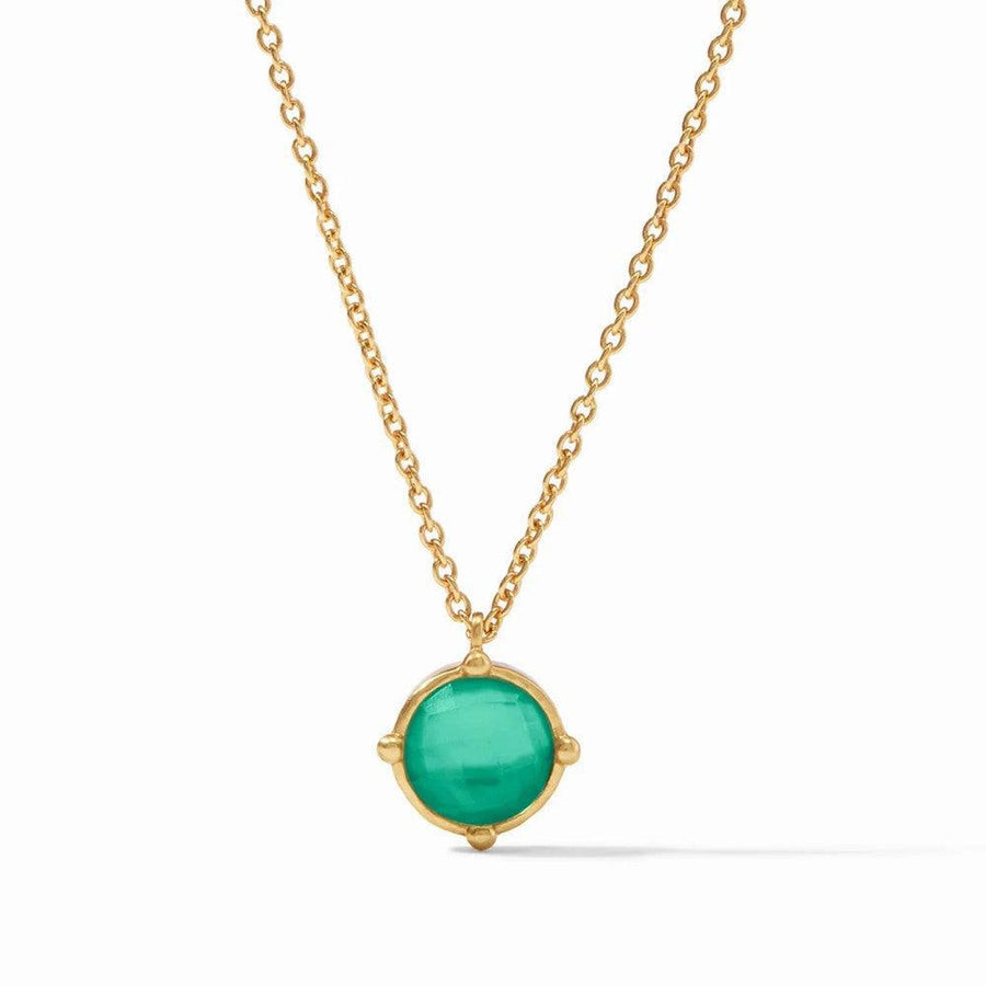 Gold chain necklace featuring a single, round green gemstone pendant.
