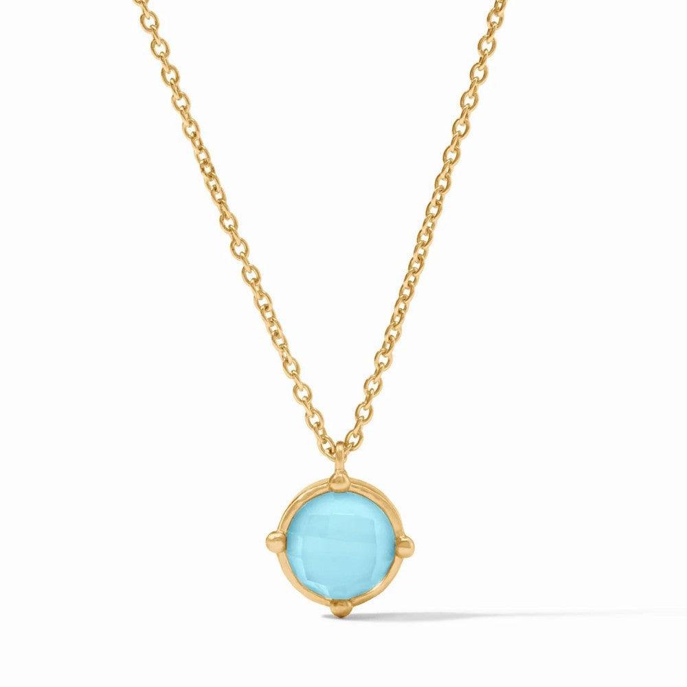 Honeybee Solitaire Necklace: Light blue gemstone pendant on 14k gold chain.
