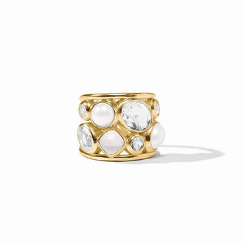 Gold statement ring featuring pearls and quartz gemstones.
