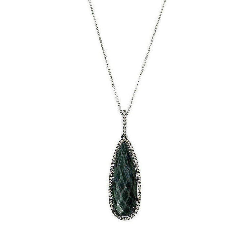 Elegant teardrop labradorite pendant necklace, accented with a diamond halo.

