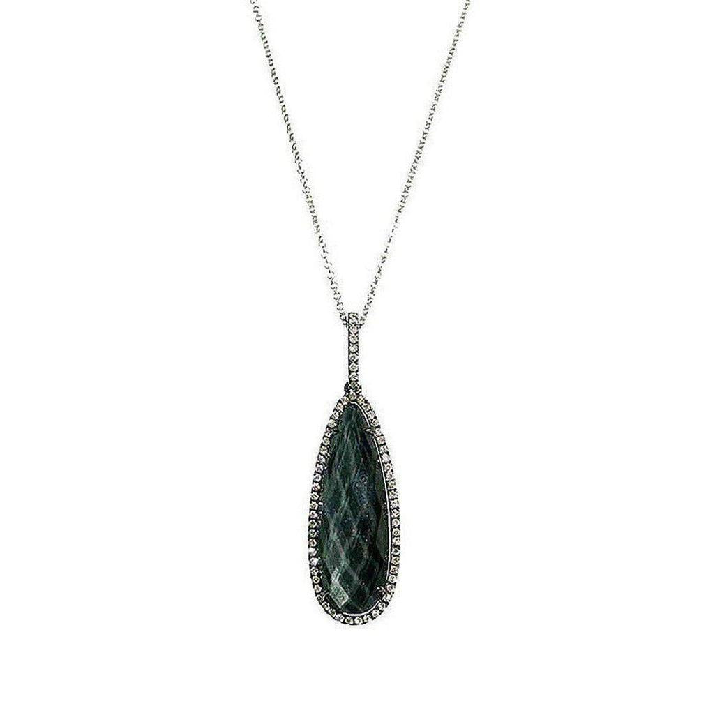 Elegant teardrop labradorite pendant necklace, accented with a diamond halo.
