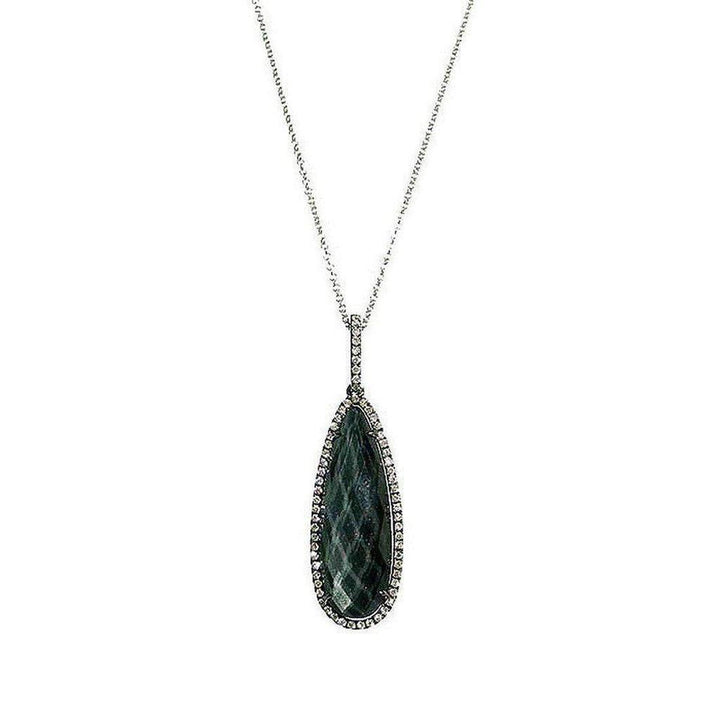 Elegant teardrop labradorite pendant necklace, accented with a diamond halo.
