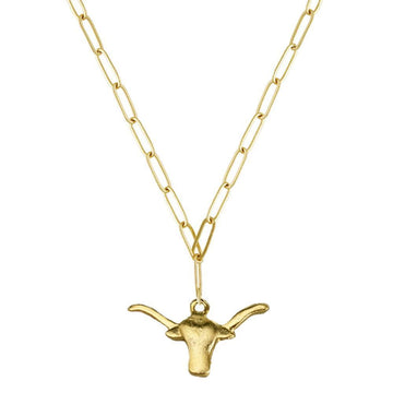 Gold longhorn pendant necklace with paperclip chain.
