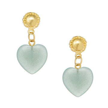 Loren Heart Earrings in Jade:  Pale green heart-shaped jade drops with gold accents.
