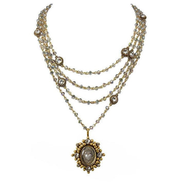Multi-strand necklace featuring iridescent beads, gold accents, and a detailed pendant.
