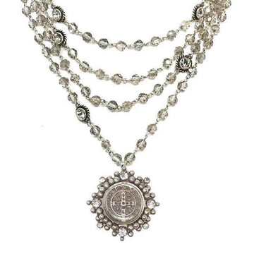 Magdalena Silver 6mm Black Diamond necklace: multi-strand beaded design with a detailed St. Christopher medal pendant.
