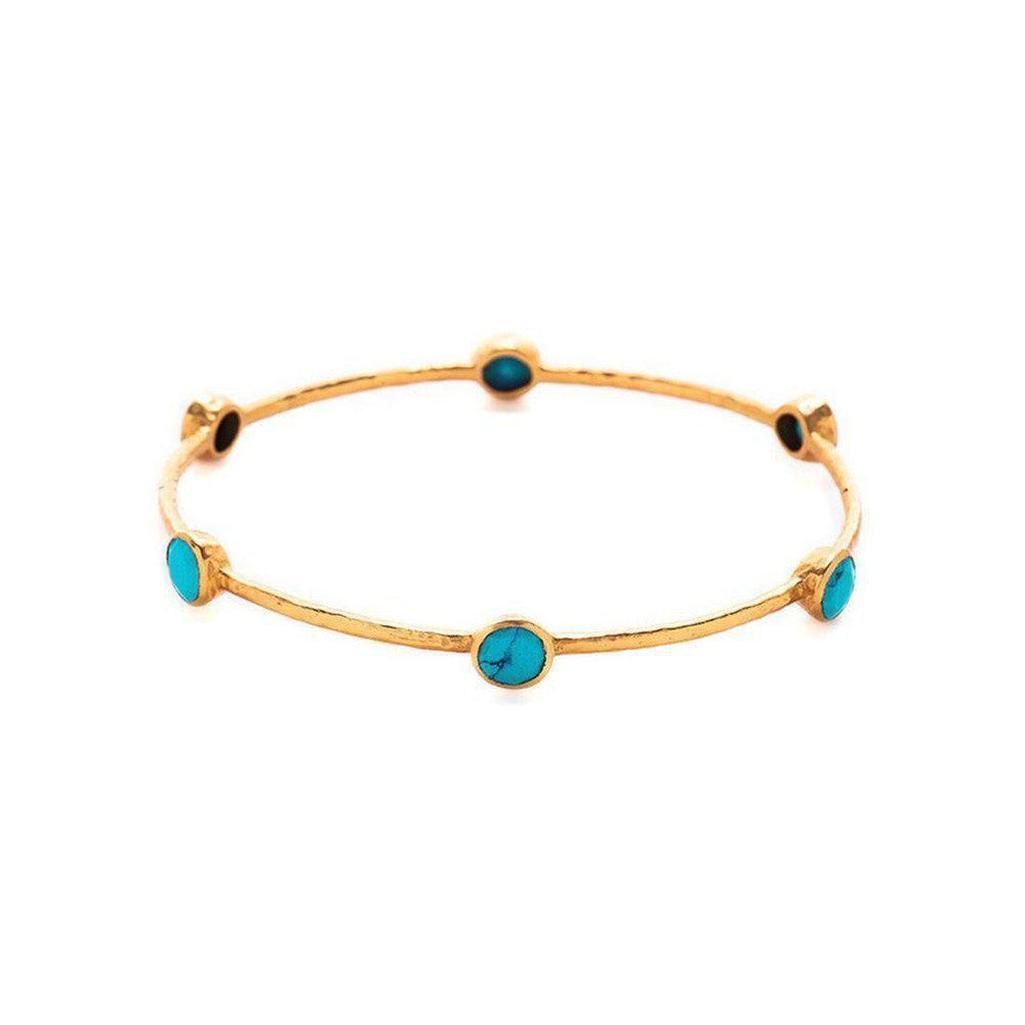 Gold bangle bracelet adorned with six turquoise stones.
