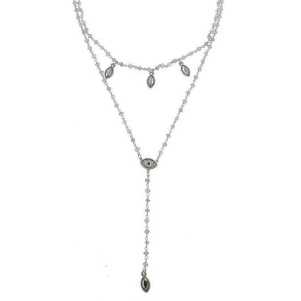 Silver Mini Eye Bikini necklace featuring eye charm & leaf accents.
