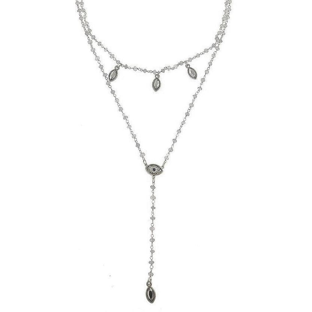 Silver Mini Eye Bikini necklace featuring eye charm & leaf accents.
