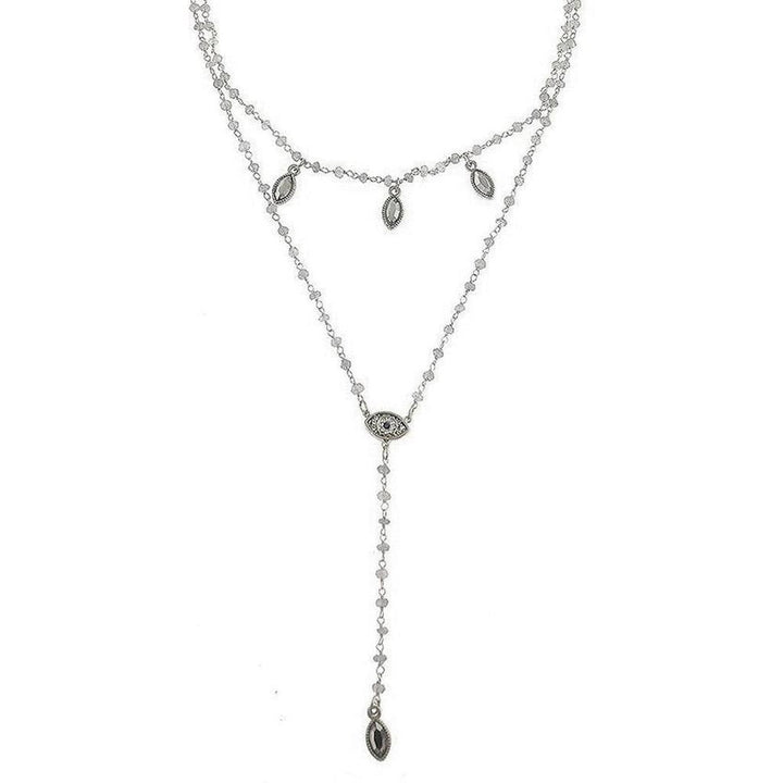 Silver Mini Eye Bikini necklace featuring eye charm & leaf accents.
