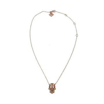 Rose gold hamsa necklace with delicate chain.

