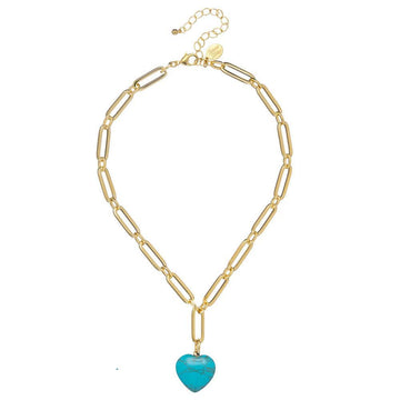 Gold chain necklace with turquoise heart pendant
