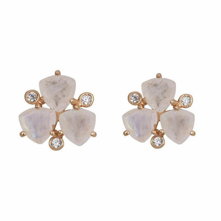 Rose gold Moonstone earrings; three triangular moonstones & diamonds.
