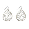 Silver teardrop earrings with ornate scrollwork design.
