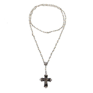 Elegant pearl rosary necklace featuring a dark cross pendant accented with sparkling crystals.
