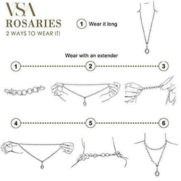 Diagram showing six ways to style a rosary necklace, including long, layered, and shorter styles.
