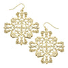 Gold ornate filigree drop earrings with intricate detailing.
