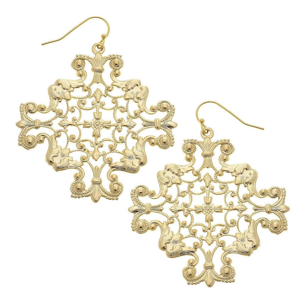 Gold ornate filigree drop earrings with intricate detailing.
