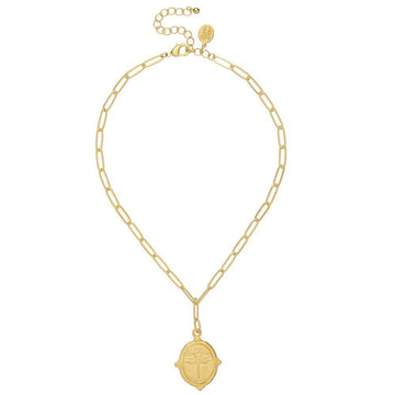 Gold necklace featuring an oval dragonfly pendant on a paperclip chain.
