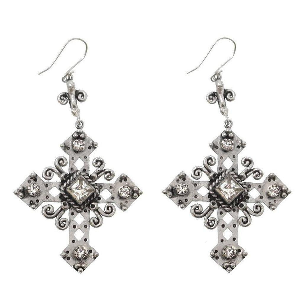 Paloma Cross Earrings: Silver-tone cross design, clear crystal accents.
