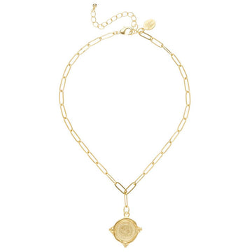 Gold coin pendant necklace on a paperclip chain.
