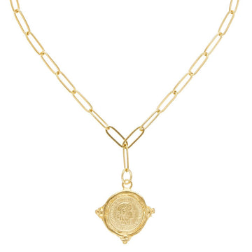 Gold paperclip chain necklace with antique coin pendant
