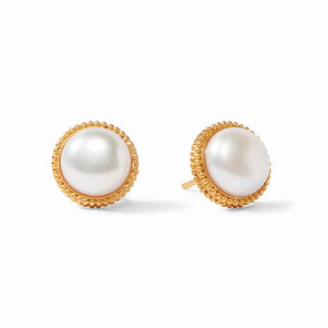 Fleur De Lis gold stud earrings with round white pearls
