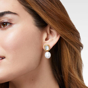 Gold and pearl drop earrings; square-shaped top, creamy pearl bottom.
