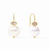 Marguerite Pearl Earrings: Elegant gold hook earrings featuring lustrous white pearls and sparkling clear zircon accents.
