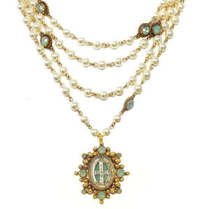 Magdalena 6mm Pearls, Pacific Opal, Asst Medals-Virgins Saints and Angels-Swag Designer Jewelry
